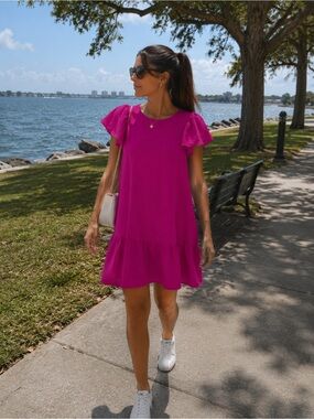 DKNY hot pink flutter sleeve shift dress | size 10| feminine chic mini dress
